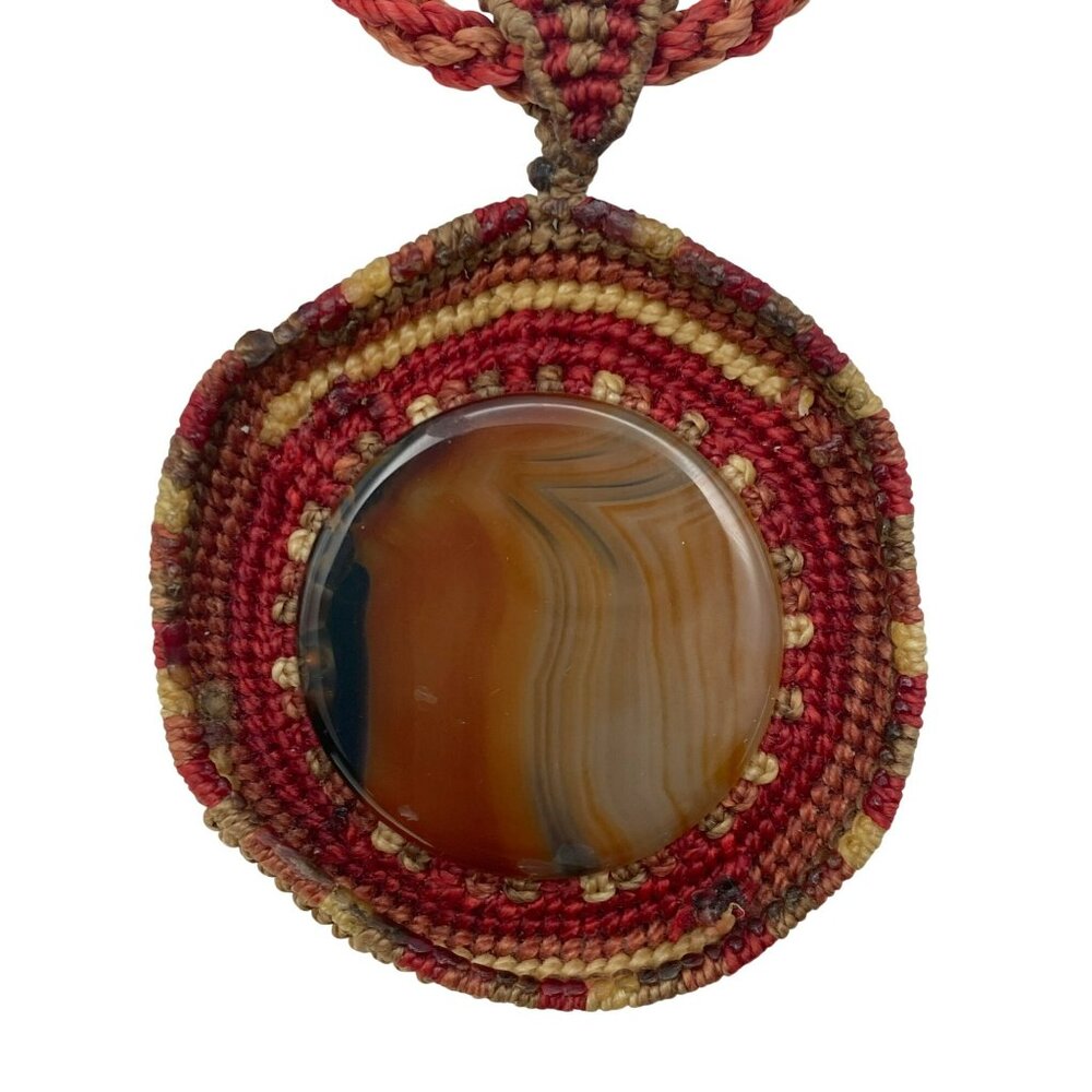 Vintage Macrame Necklace Hand Made Agate Stone Pendant 21" Long Red Tan Woven - Picture 2 of 7